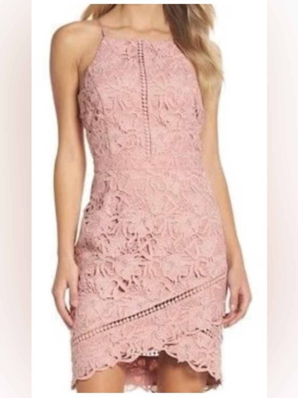 Adelyn Rae Crochet Lace Halter Dress - Pink/Nude - XS